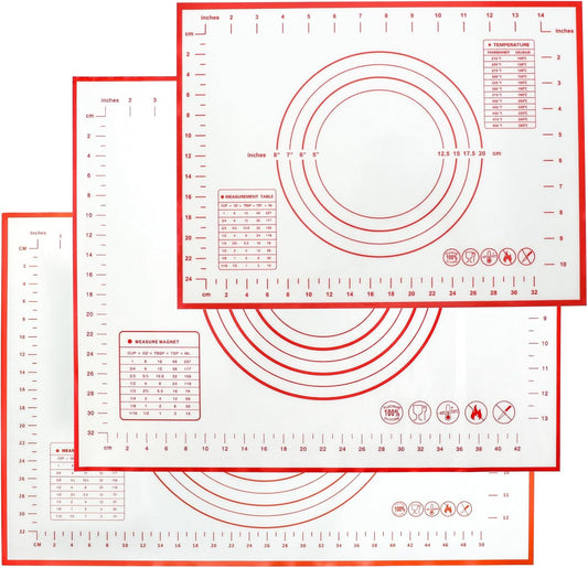 Silicone Baking Mat With Measurement Function Set of 3 Use Food Grade Silicone Ldeal for Dough Rolling Pie Crust Bread Making and Making Cookies (23.6×15.7,19.6×15.7, 15.7×11.8inch, Red)