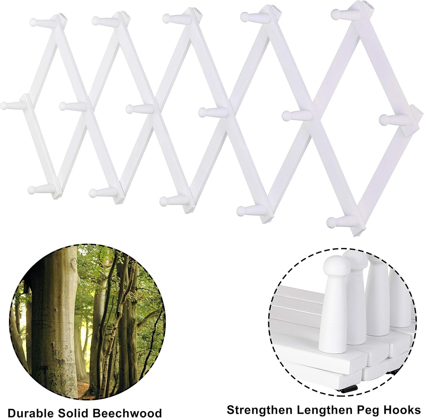 Dseap Accordian Wall Hanger: 16” High Wooden Wall Expandable Coat Rack, Hat Rack Holder, Accordion Hook for Baseball Caps, Coats, Mugs, 16 Peg Hooks, White