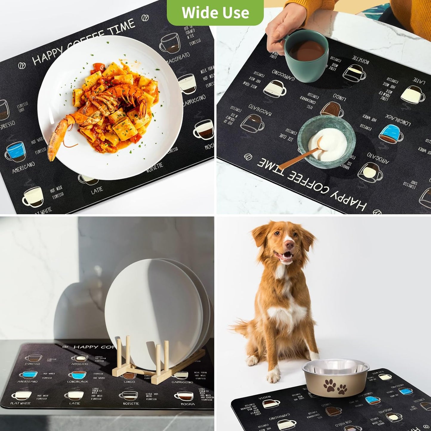 Matace Designer Coffee Bar Mat, Small 12 x 19 Inches, Rubber Backing, Absorbent Coffee Maker Mats for Dish Drying, Kitchen Countertop, Heat Resistant, Coffee Flavor Menu, Black