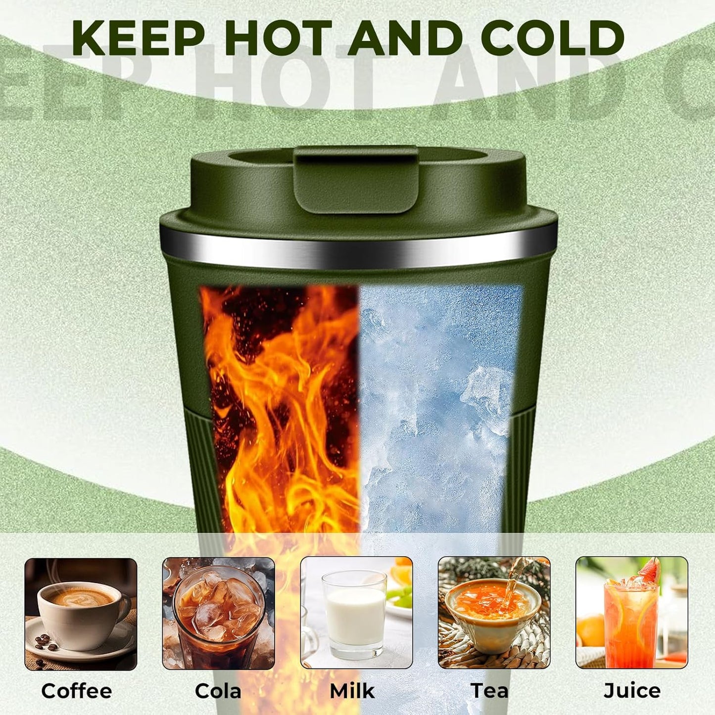 Insulated Coffee Tumbler 17 oz, Stainless Steel Coffee Mug with Lids, Travel Coffee Mug Leak Proof, Double Wall Vacuum Insulated Reusable Coffee Cup, Keep Drinks Hot and Cold, Military Green, 17 Ounce