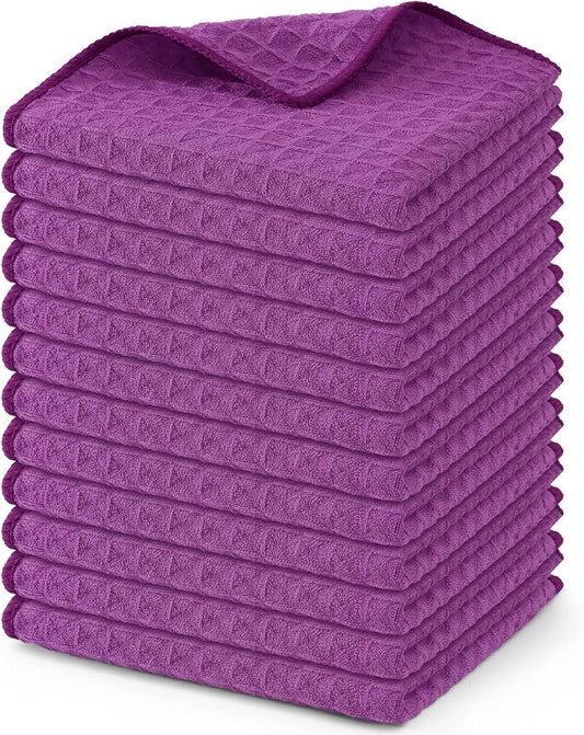 Homaxy Microfiber Waffle Weave Kitchen Dish Cloths, 12 x 12 Inch Ultra Absorbent and Solid Color Dish Towels for Kitchen Fast Drying Dishcloth for Washing Dishes, 12 Pack, Purple