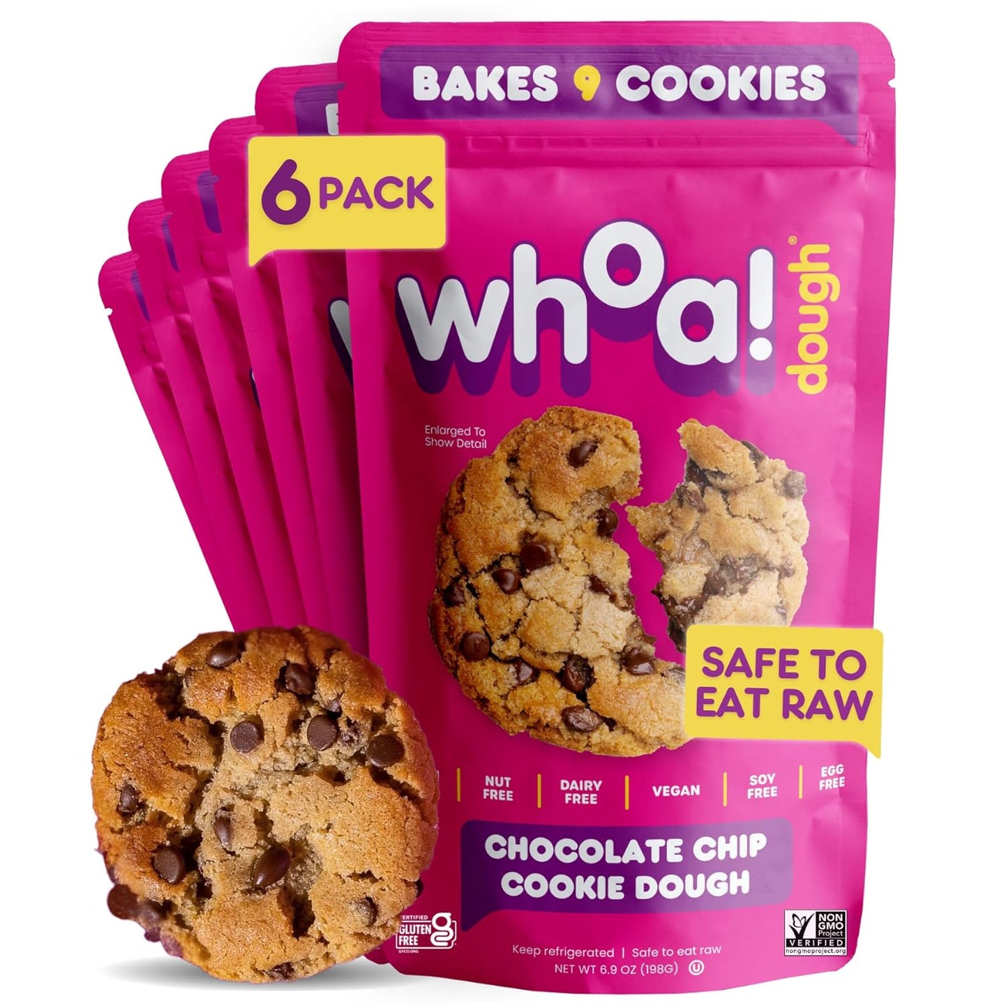 Whoa Dough Ready to Bake Cookie Dough Chocolate Chip – Certified Non-GMO, Kosher, Gluten Free – Plant-Based Snack Dough Made with Real Ingredients – 6 Pack