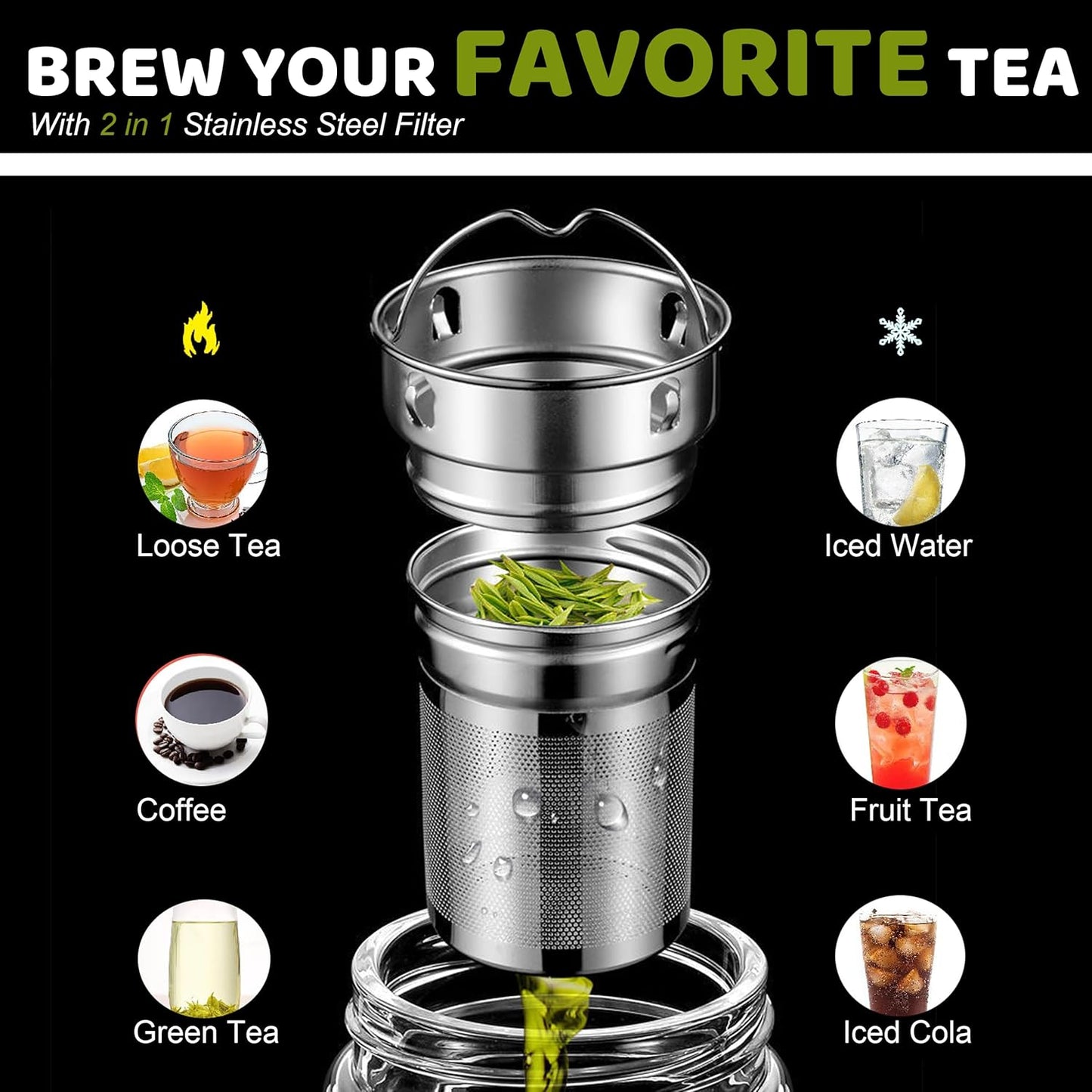 Tea Tumbler with Infuser, 34oz Tea Bottle with 2 in1 Infuser, Large Double Wall Borosilicate Glass Tea Bottle 100% Leak-Proof with Stainless Steel Filter