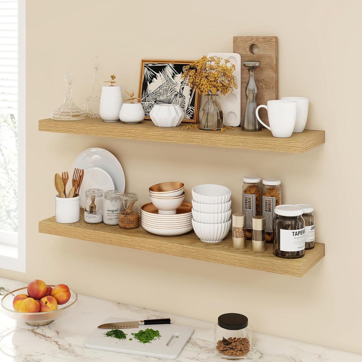 40 Inch Floating Shelves, 9.3" Deep Floating Shelf Wall Mounted, 40" Wall Shelves, Rustic Deep Bookshelf, Large Display Shelves & Storage Shelves for Bedroom, Living Room, Oak, Set of 2