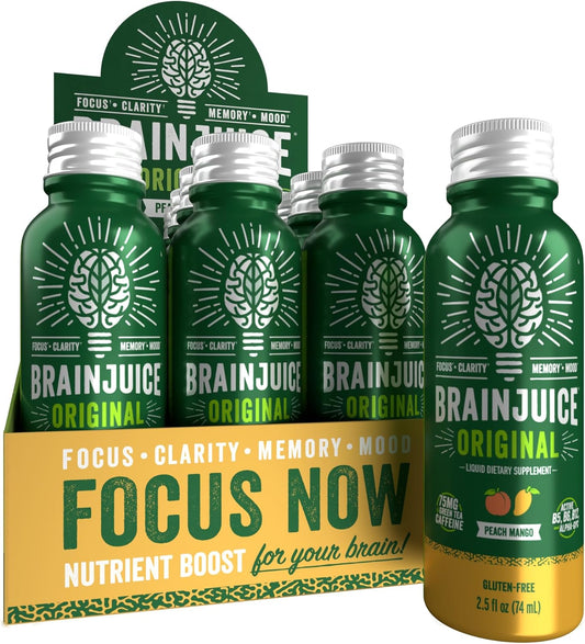 BrainJuice Focus & Energy Drink Shots, Nootropics with Alpha GPC, B Vitamins & Organic Green Tea Caffeine, Supports Focus, Memory & Clarity, Non-GMO, Gluten Free, Peach Mango, 2.5 fl oz, 12 Pack