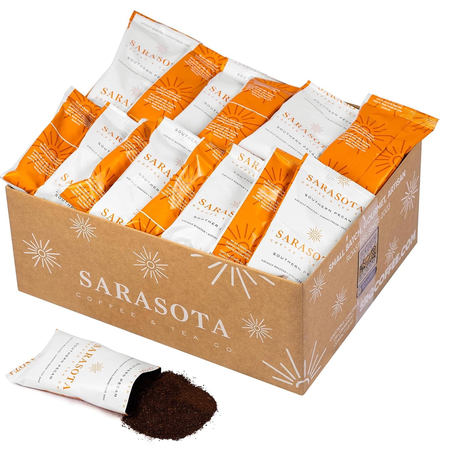 Sarasota Coffee Ground Packets | Gourmet Flavored Medium Roast Bulk Coffee Packs | Southern Texas Butter Pecan | Low Acid Mold Free Individual Pouches for 12 Cup Coffee Maker | 2 Ounce Bags, 36 Count
