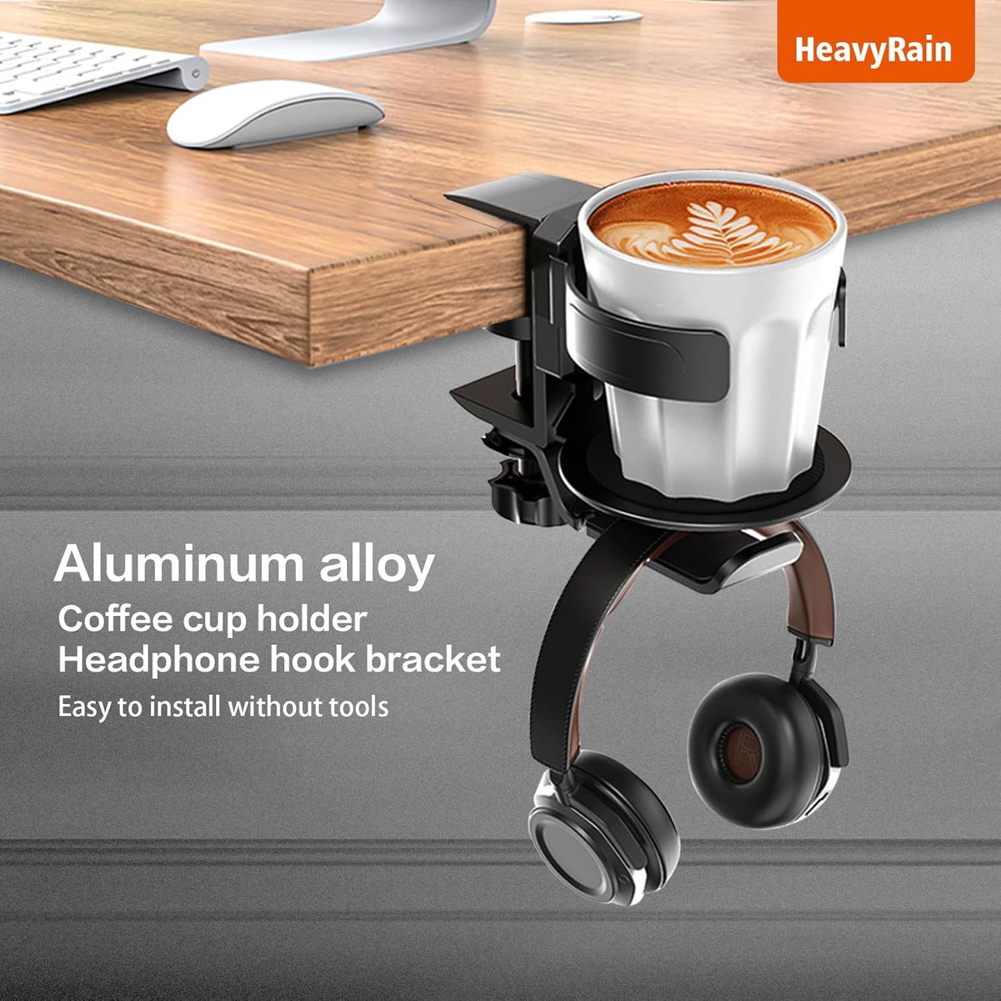 3 in 1 Gaming Cup Holder Multifunctional Desk Mounted Cup and Headphone Holder, Adjustable Clamp Mount, 15KG Load Capacity, Fits 2.8-3.5 inch Cups and Bottles,Coffee Lover Gamer Gear (Silvery)
