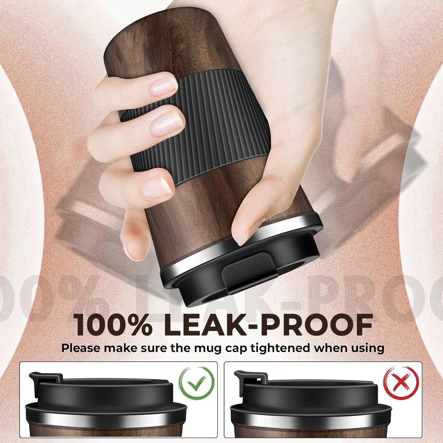 Insulated Coffee Tumbler 12 oz, Stainless Steel Coffee Mug with Lids, Travel Coffee Mug Leak Proof, Double Wall Vacuum Insulated Reusable Coffee Cup, Keep Drinks Hot and Cold (Wood, 12 Ounces)