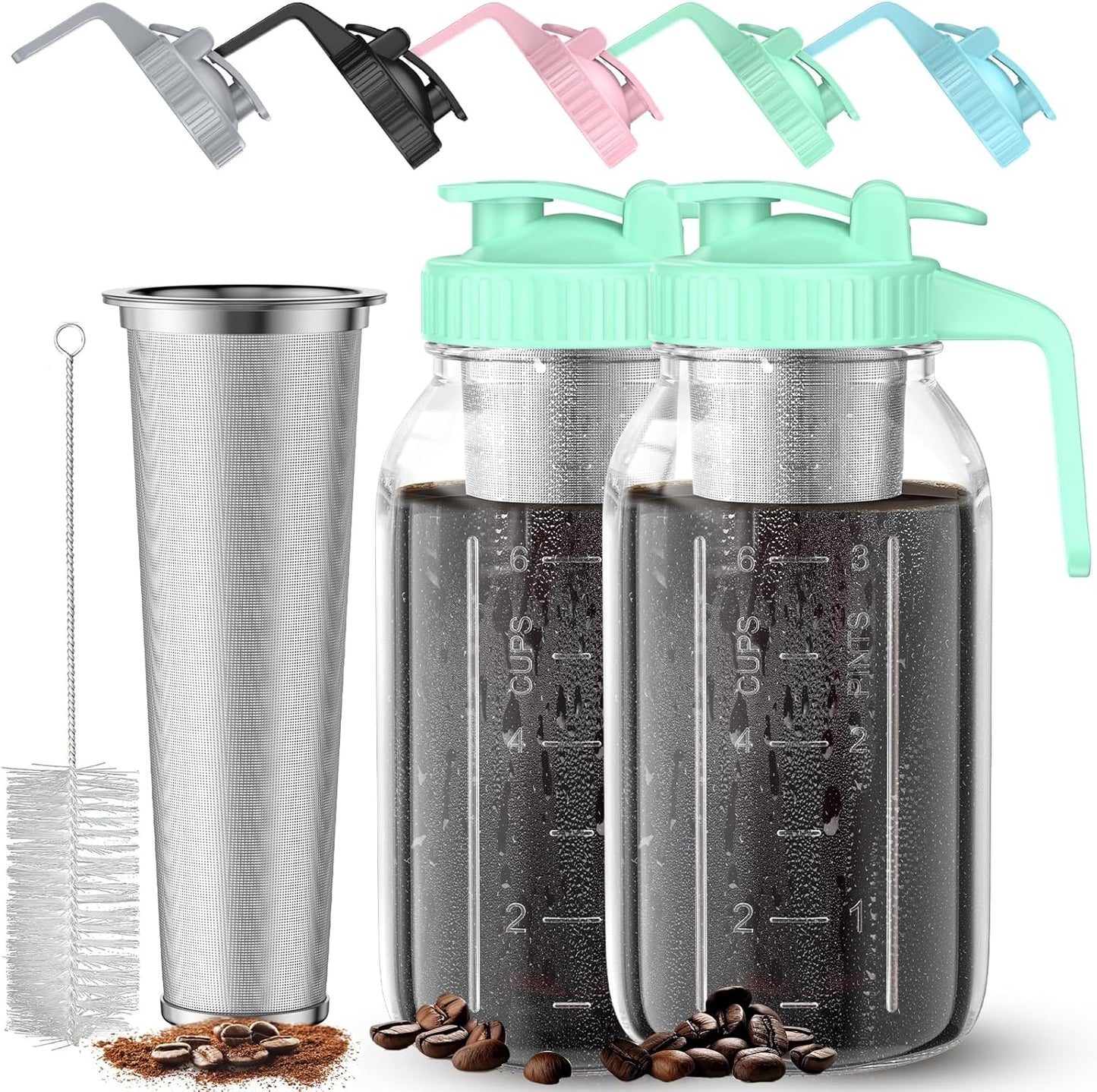 Cold Brew Coffee Maker Jar - 2 Pack 64 oz Glass Cold Brew Maker with Handle, Stainless Steel Filter & Leak-Proof Lid, Heavy Duty Cold Brew Pitcher for Iced Coffee, Sun Tea, and Milk