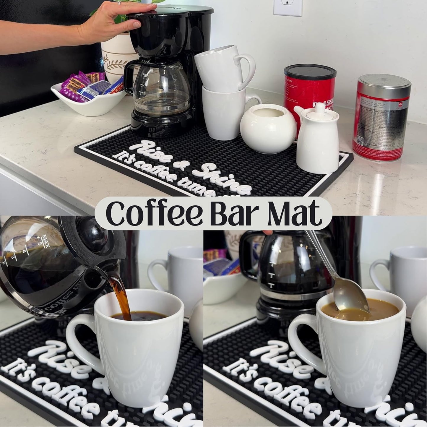 Coffee Bar Mats for Countertop Rise and Shine It's Coffee Time Sign 18x12 in Espresso Machine Mat Compatible, Premium Silicone Mat for Countertop for Tiki Bar Decor and Tiki Decorations