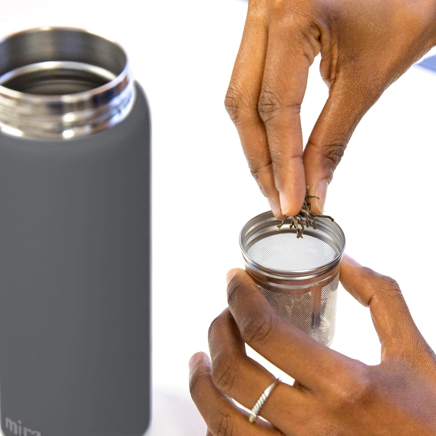 MIRA 18 oz Tea Infuser Thermos - Stainless Steel Travel Bottle with Removable Strainer for Loose Leaf Tea - Insulated Hot & Cold Brew Steeper - Smoke Gray