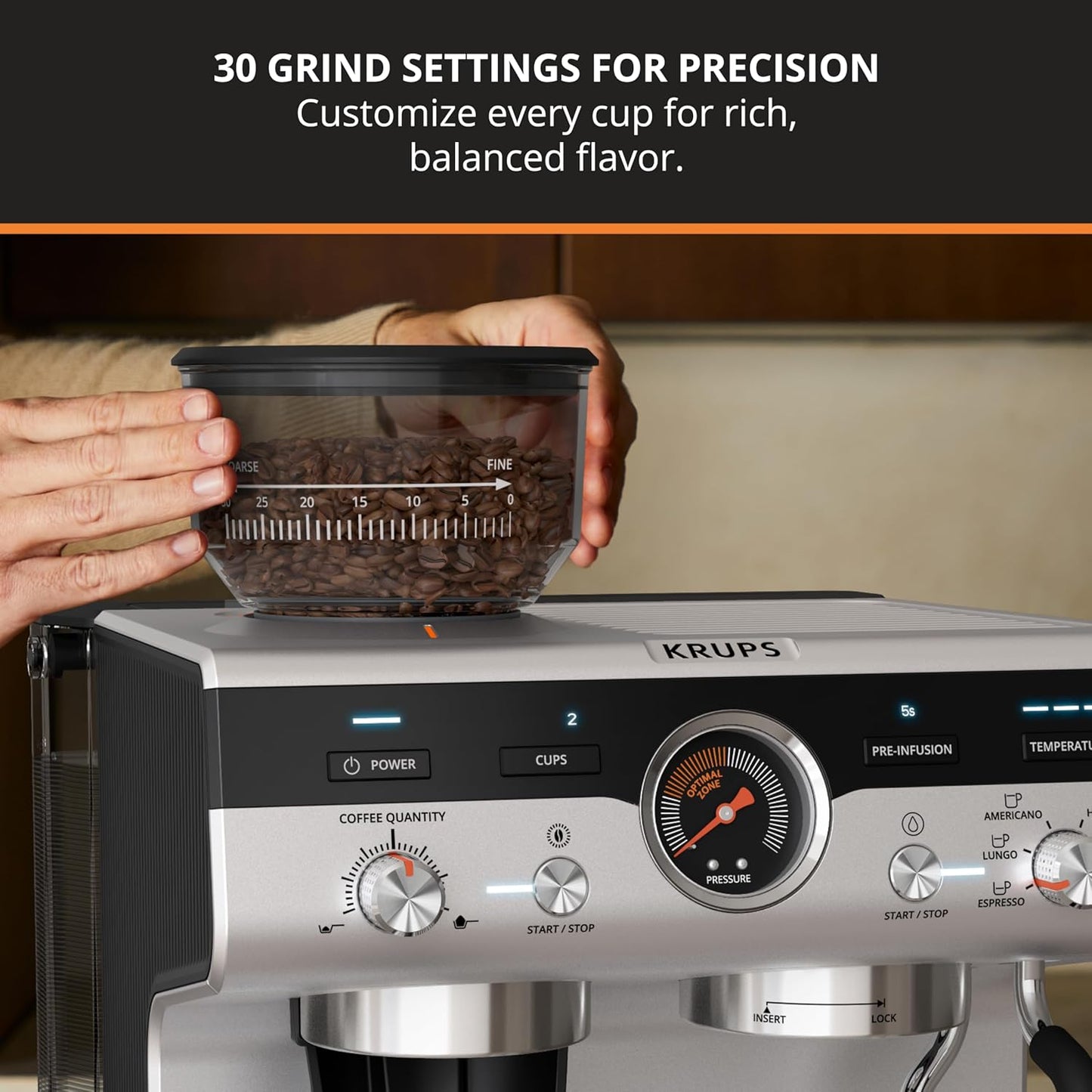 KRUPS Precision Espresso Coffee Machine with Grinder, Latte & Cappuccino Maker, Pump Pressure + Milk Frother Steam Wand, Adjustable Grind Settings for Barista-Quality Results, Stainless Steel & Black