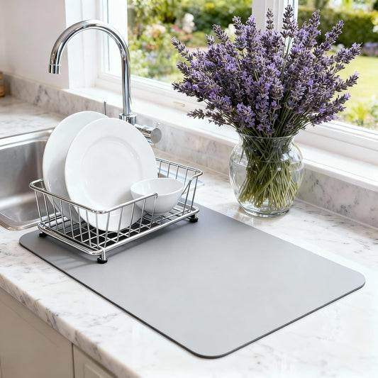 Dish Drying Mat Super Absorbent – 16" x 18" Coffee Mat for Countertops – Non-Slip Drying Mat for Kitchen Counter – Easy to Clean Water Absorbent Mat – Large Dish Drying Mats (Lite Gray)