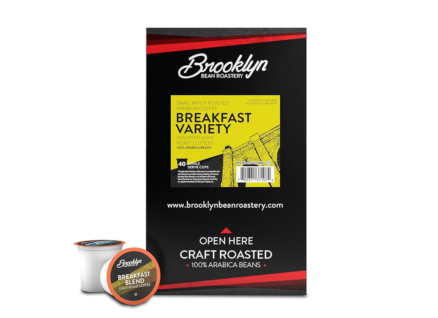 Brooklyn Beans Coffee Pods, Breakfast Gourmet Variety Pack - Compatible with Keurig K Cup Brewers Including 2.0 Machines, 40 Count, Light Roast Selection