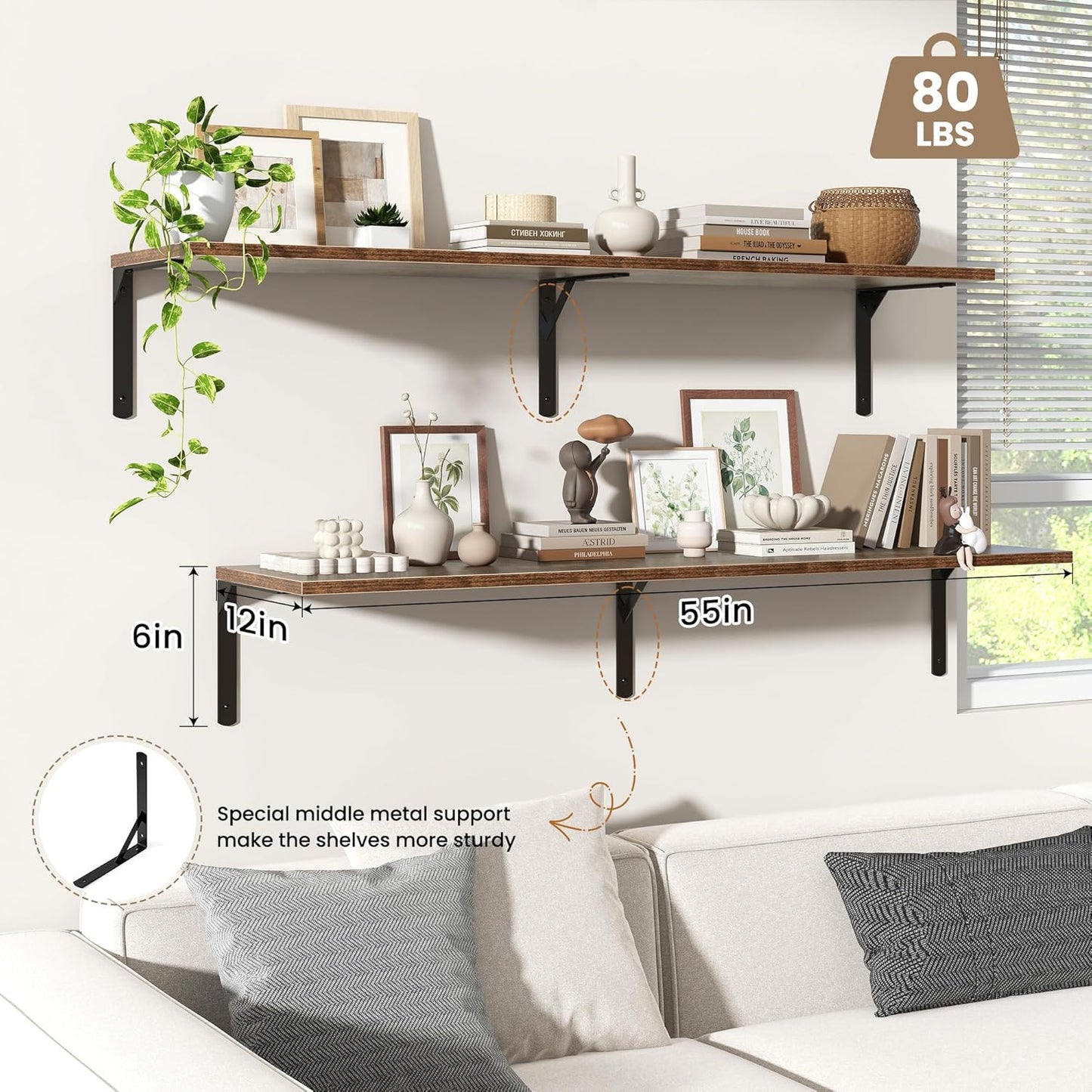 Fun Memories Rustic Brown 12 Inch Deep Floating Shelves Set of 2, Wall Mounted Shelf with Metal Brackets, Rustic Wood Wall Shelf for Bathroom, Kitchen and Living Room