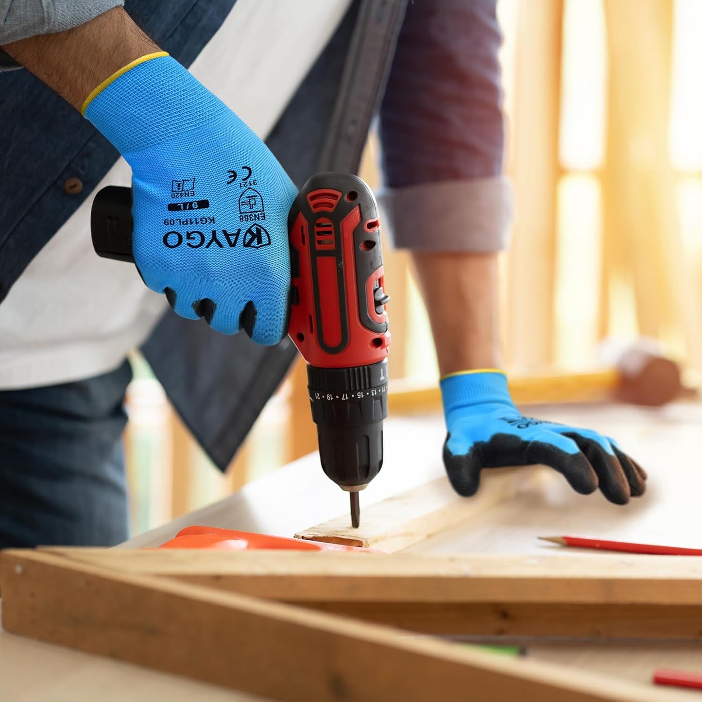 KAYGO Safety Work Gloves PU Coated, 12 Pairs KG11PB, Seamless Knit Glove with Polyurethane Coated Smooth Grip on Palm & Fingers, for Men and Women, Ideal for General Duty Work (Large,Blue)