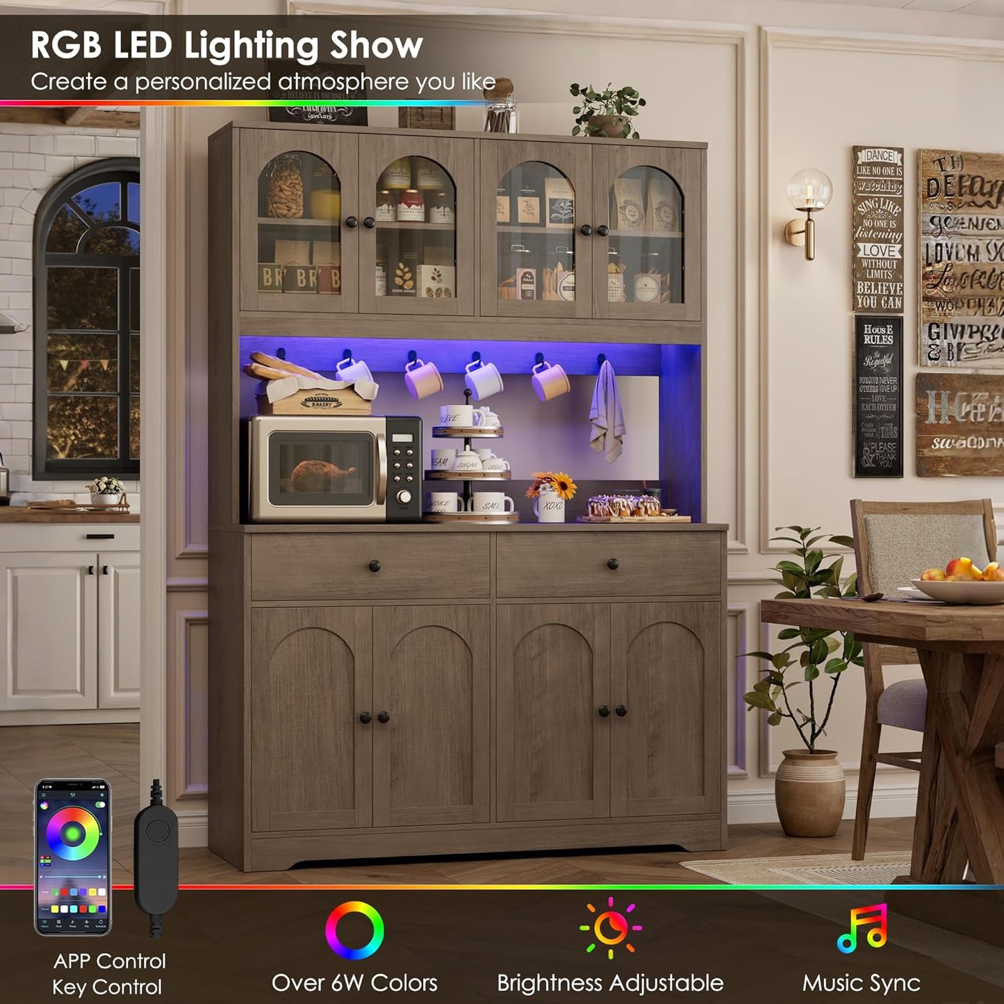 HIFIT 71" LED Kitchen Pantry Cabinet with Power Outlet, Large Kitchen Hutch Storage Cabinet with Arched Door, Shelves, 2 Drawer, Tall Farmhouse Coffee Bar w/Hutch for Home Dining Living Room, Ash Grey