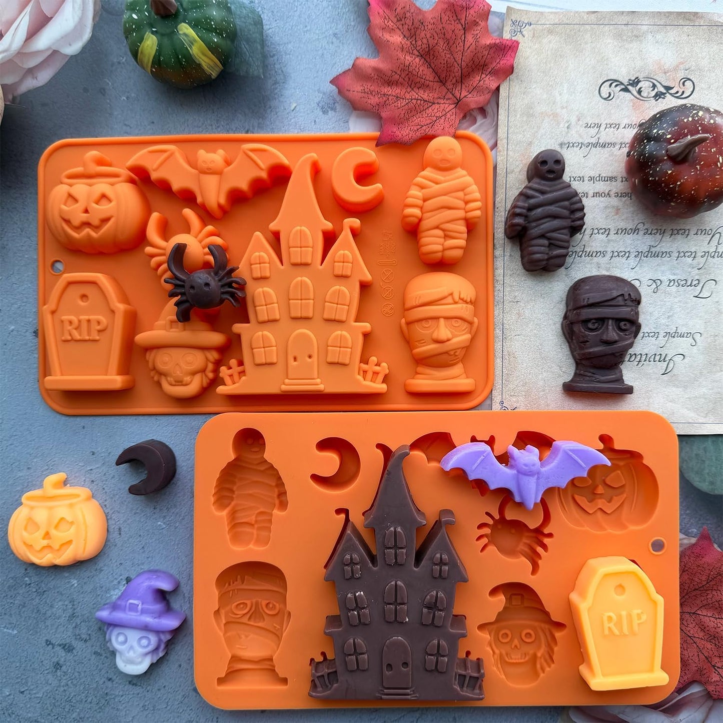 2 Pack Halloween Chocolate Candy Silicone Mold Halloween Molds Castle Pumpkin Tombstone Skull Witch Hat Gummy Jello Baking Mold for DIY Ice Cube Sugar Halloween Party Cupcake Topper Cake Decorating