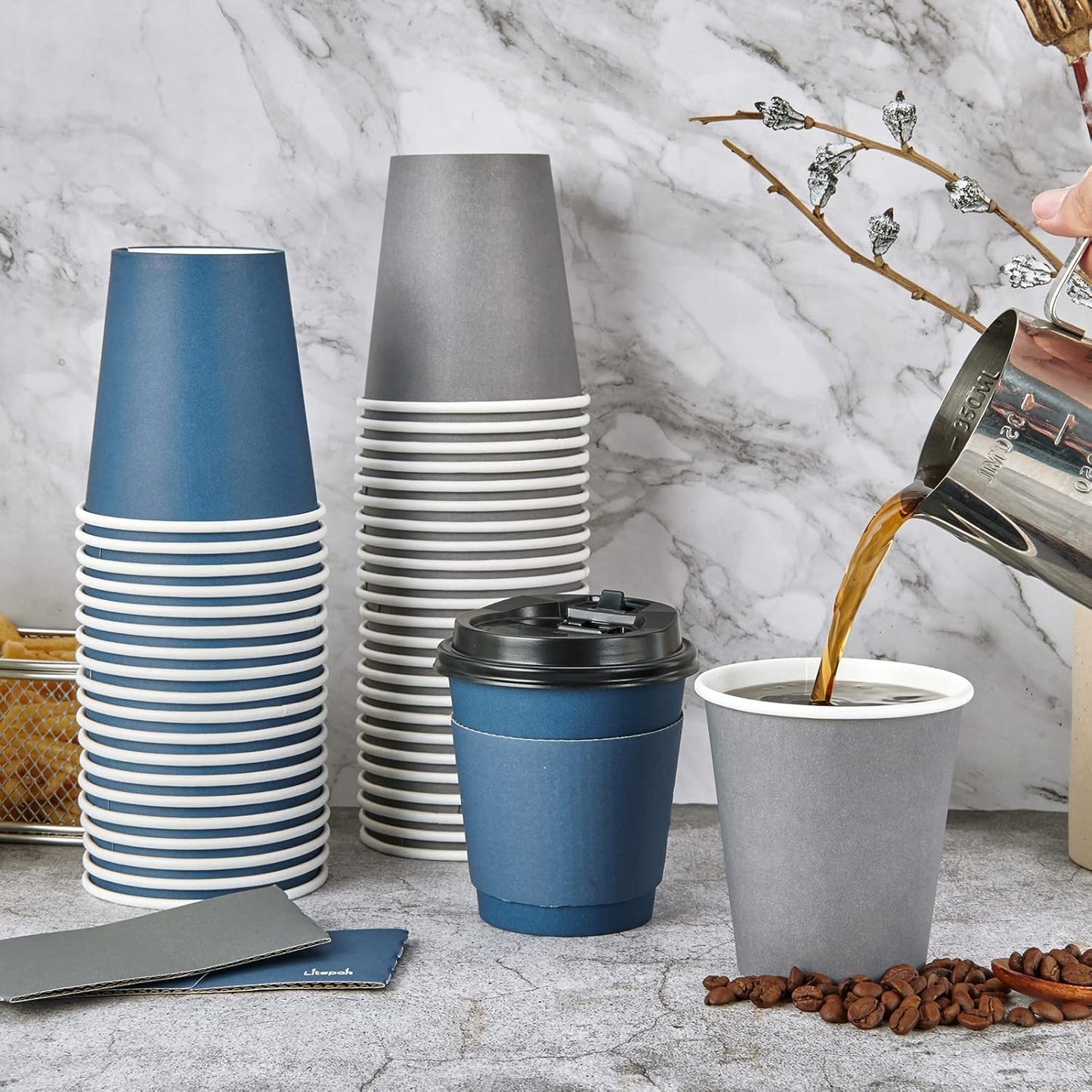 LITOPAK 100 Pack 10 oz Disposable Paper Coffee Cups with Lids, Sleeves and Stirring Sticks for Hot Coffee, Water or Juice, Blue and Gray Hot Paper Cups for Cafes, schools, offices, shops