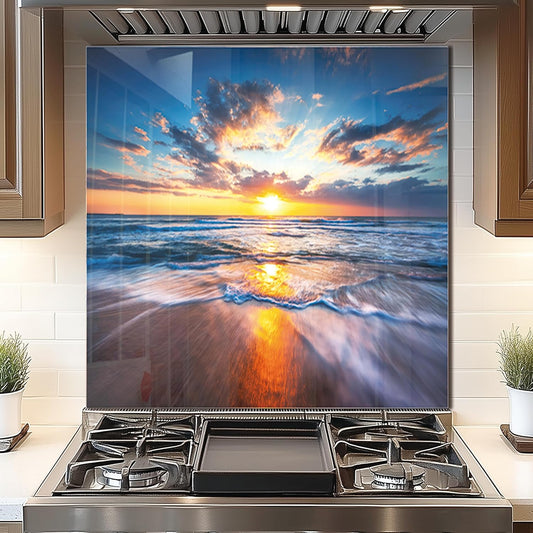 Tempered Glass Backsplash For Kitchen Behind Stove,Sea Beach Stove Backsplash Top Cover,Easy to Clean Glass Splashback, Sink Cover Splash Guard,Home Kitchen Wall Decor (30"x30"(76.2x76.2cm))