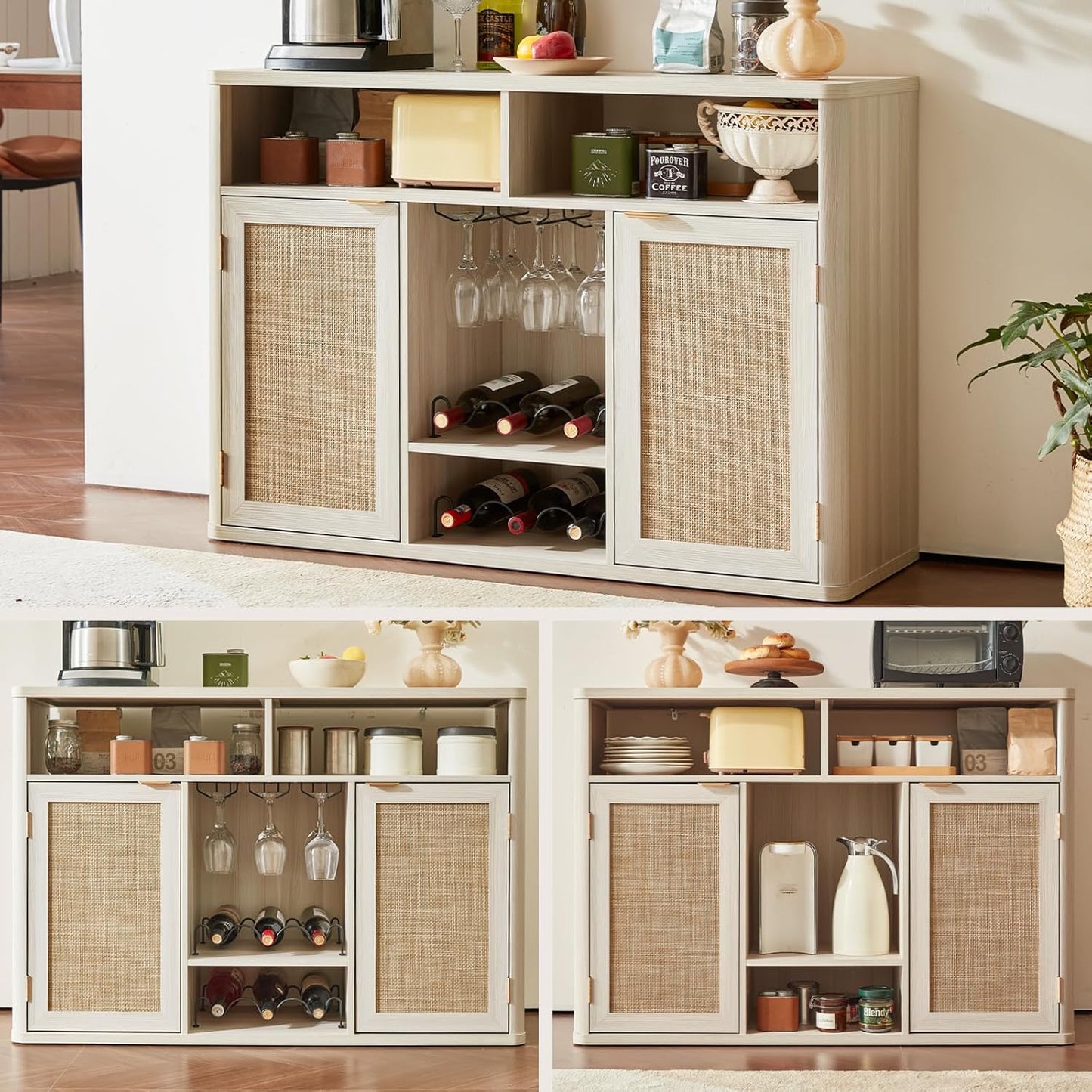 Lerliuo 47.2" Rattan Wine & Liquor Cabinet with 2 Doors, Boho Farmhouse Coffee Bar Station, Built-in Wine Racks & Storage, Adjustable Shelves for Living Room, Dining Room, Kitchen, Grey White