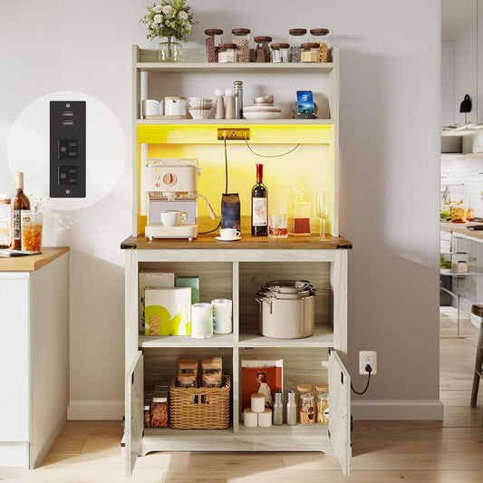 YITAHOME Bakers Rack Cabinet, Microwave Stand with Power Outlet & RGB LED Lights, Farmhouse Coffee Bar Station with Storage, 5-Tier Kitchen Pantry Hutch for Dining Living Room,White Walnut Grain