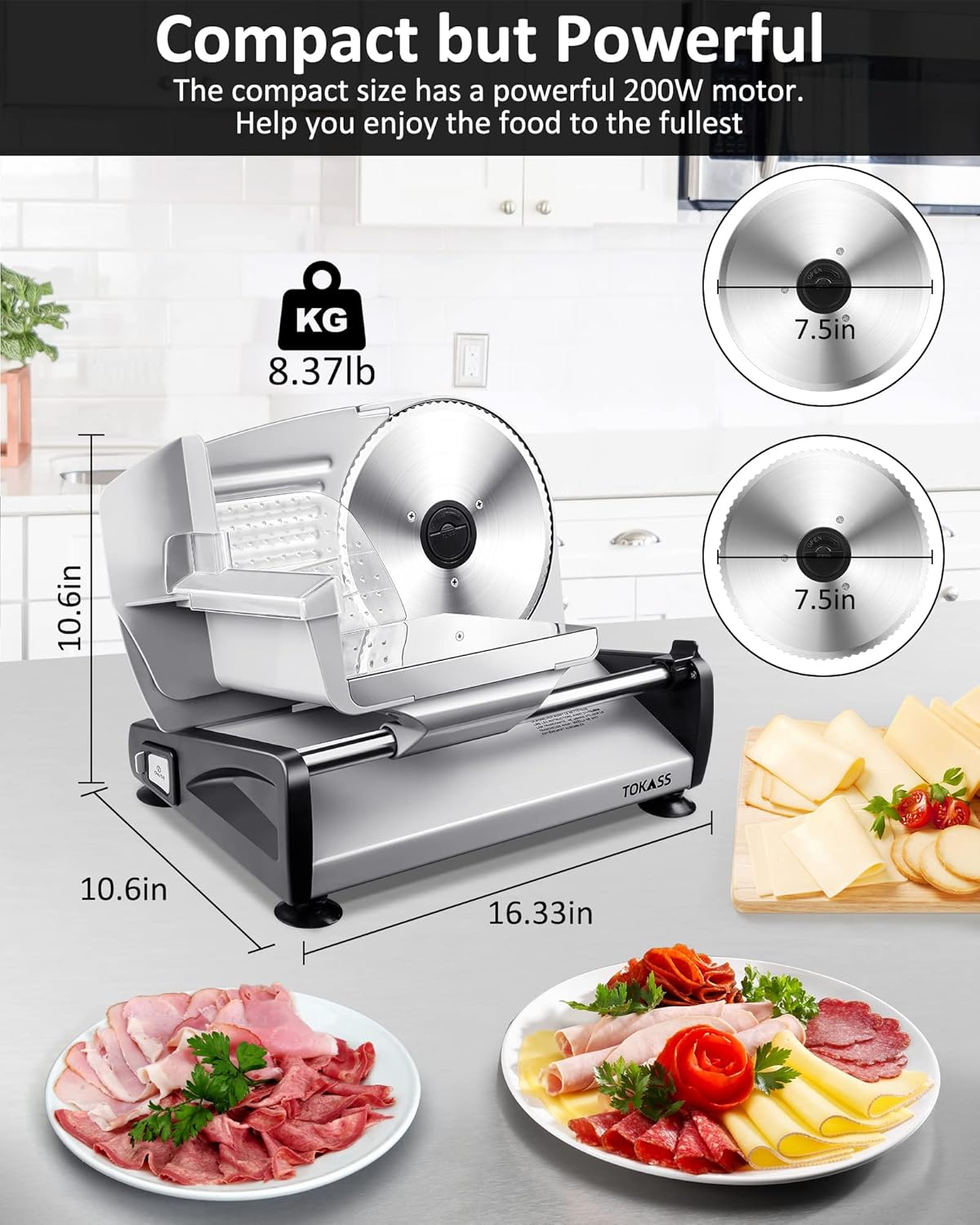 Meat Slicer, 200W Electric Deli Food Slicer with 2 Removable 7.5'' Stainless Steel Blades and Tray, Adjustable Thickness for home use,Child Lock Protection,Easy to Clean,Cuts Meat, Bread and Cheese