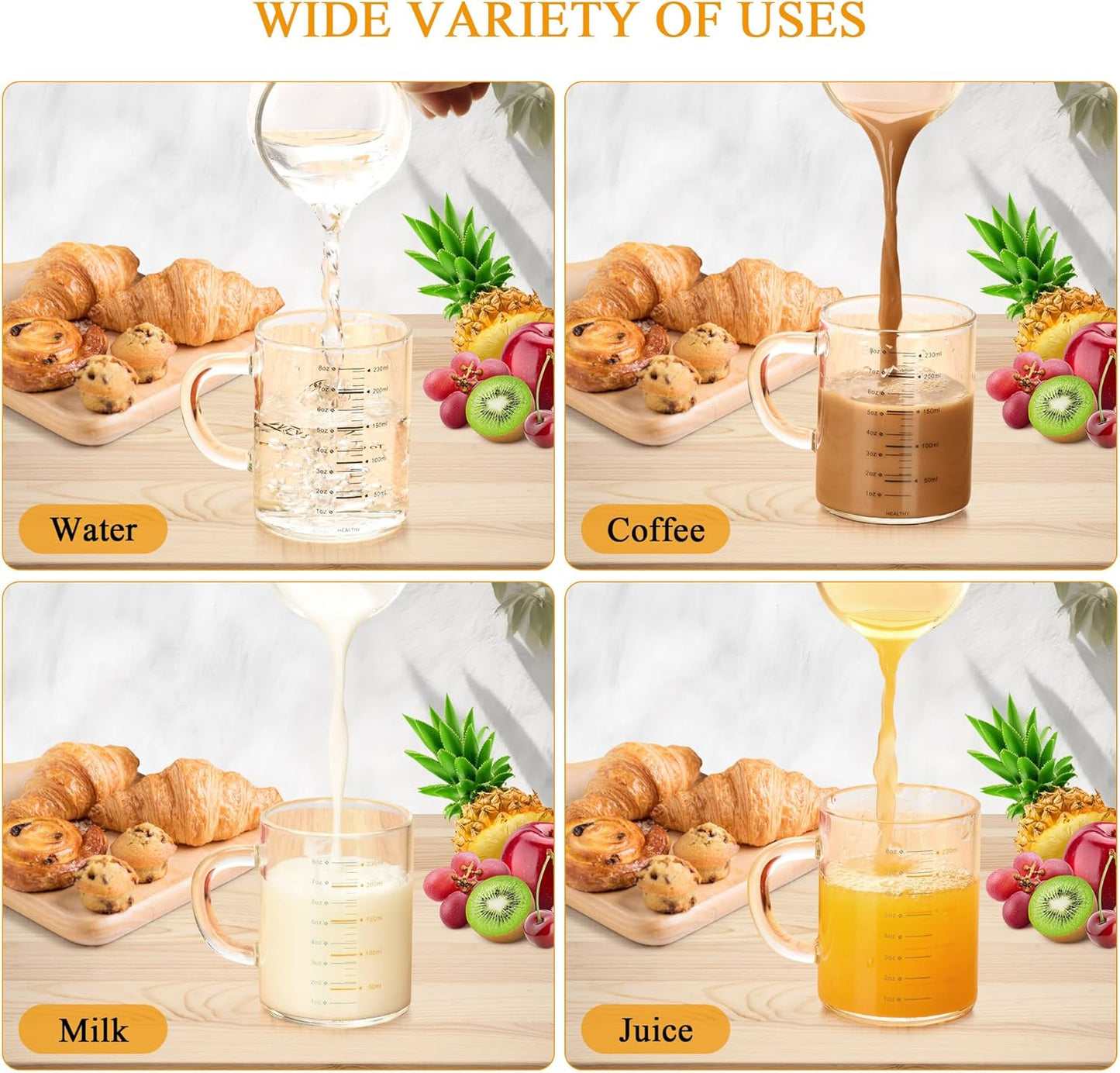 2 Piece Expresso shots cup,Glass measuring cup,8 Oz Glass Measuring Cup,Tea Glass Cups withHandles,Glass Coffee Cups for Latte(Colorful-2pcs)