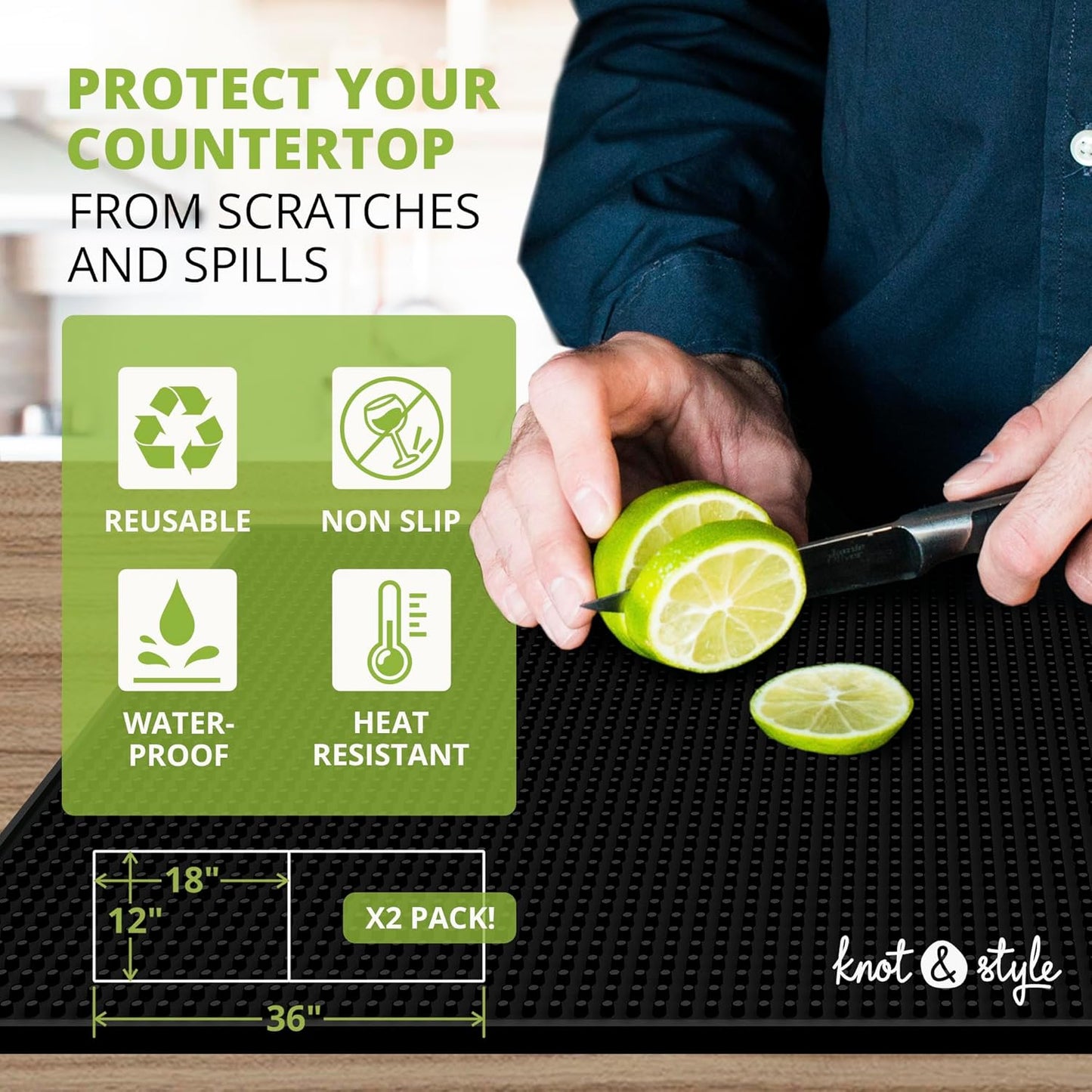 Bar Mat Set (2 Pack, 18"x12") - Non-Slip Rubber Mats for Countertop, Bartending, Home Bar - Durable, Easy Clean Drip, Spill, Drink Mat - Alternative to Silicone, Coffee Bar Mats