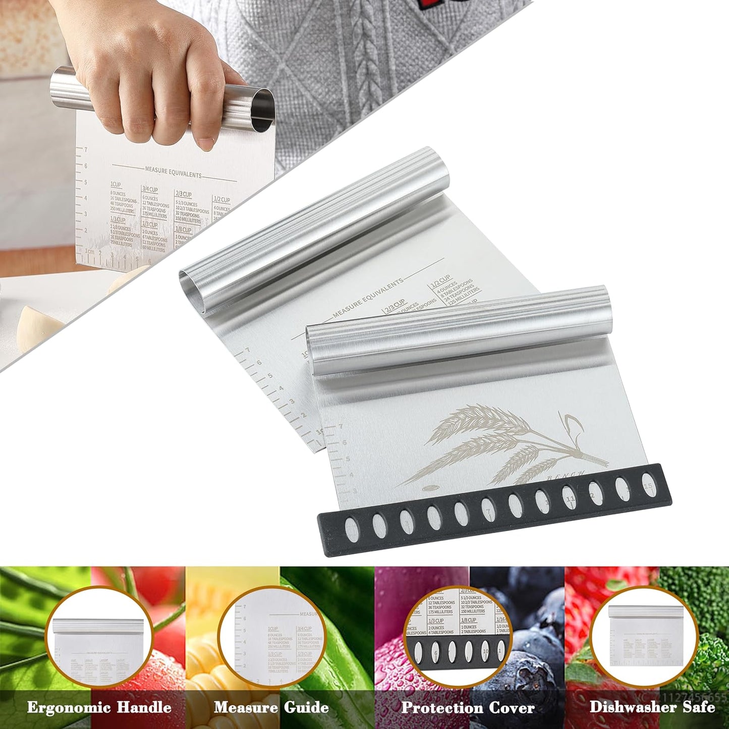 2PCS Dough Pastry Bench Cutter Scraper, OLULU Stainless Steel Kitchen Food Scraper with Protective Cover, Anti-Wear Laser-Engraved Measuring Scale and Ear Of Wheat, Dishwasher Safe (2Pack, 6 inch)