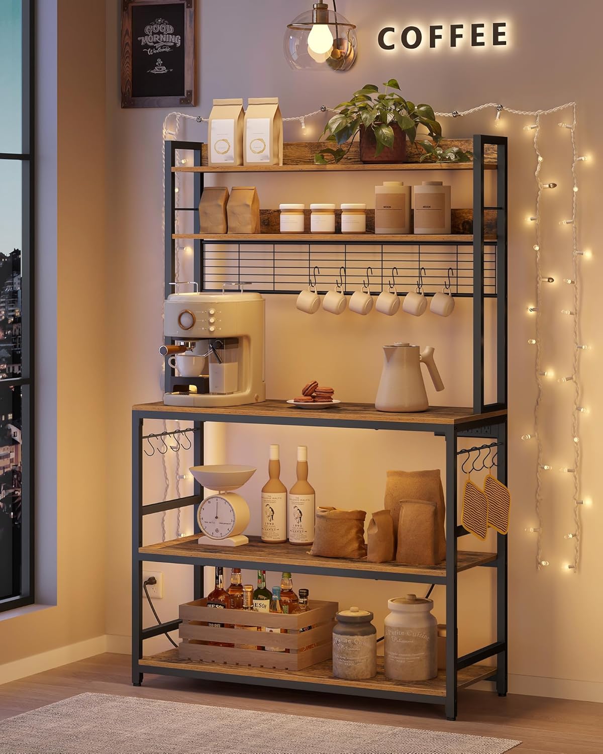 VASAGLE Hutch Bakers Rack with Power Outlet, 14 Hooks Microwave Stand, Adjustable Coffee Bar with Metal Wire Panel, Kitchen Storage Shelf, 15.7 x 39.4 x 66.9 Inches, Rustic Brown and Black UKKS038B01