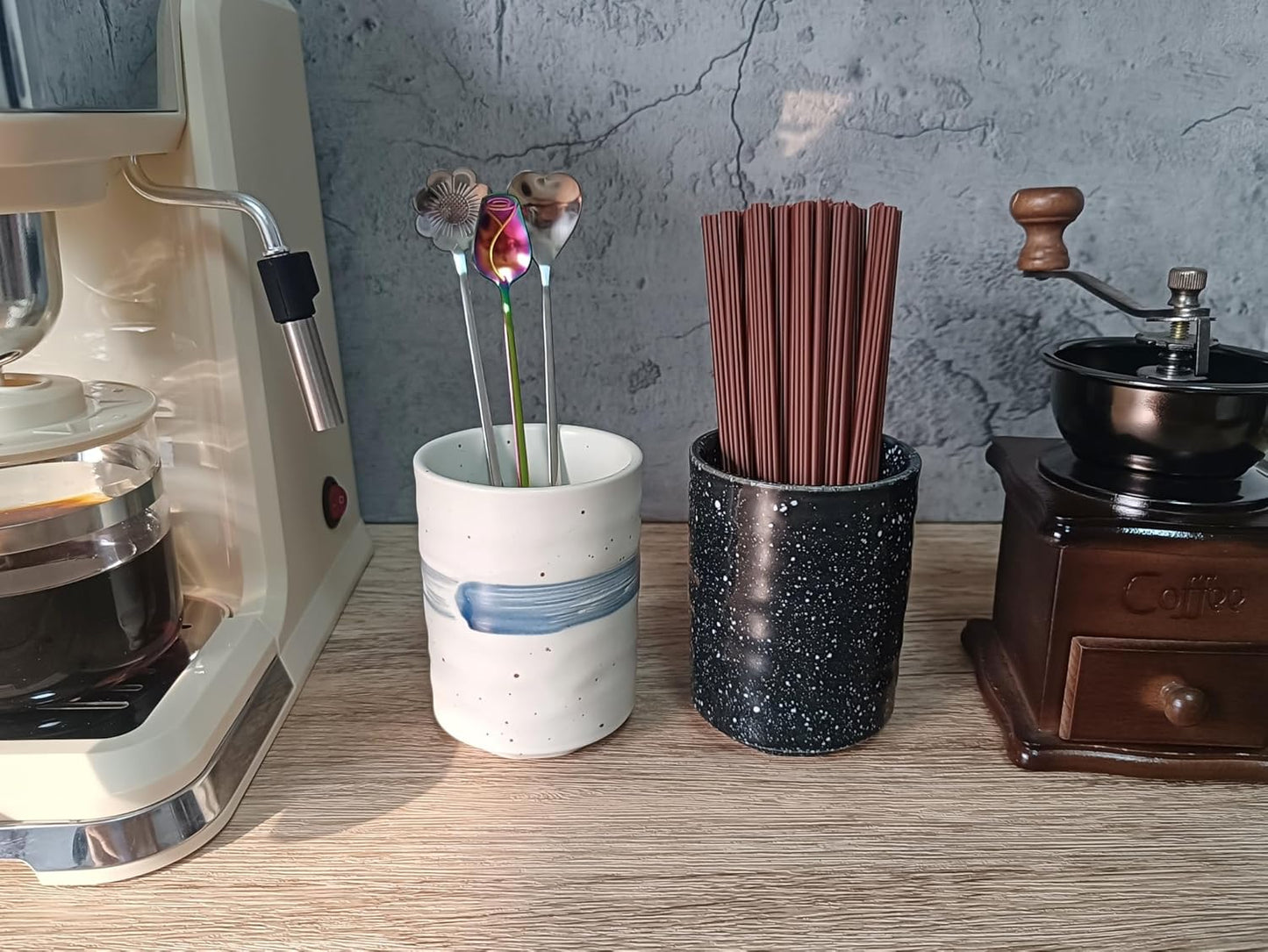 Stoneware Coffee Bar Utensil Holder Tea & Coffee Spoon & Stirrer Holder for Stir Stick Straw Teaspoon Holder Spoon Cup Small Utensil Jar (Blue feather)