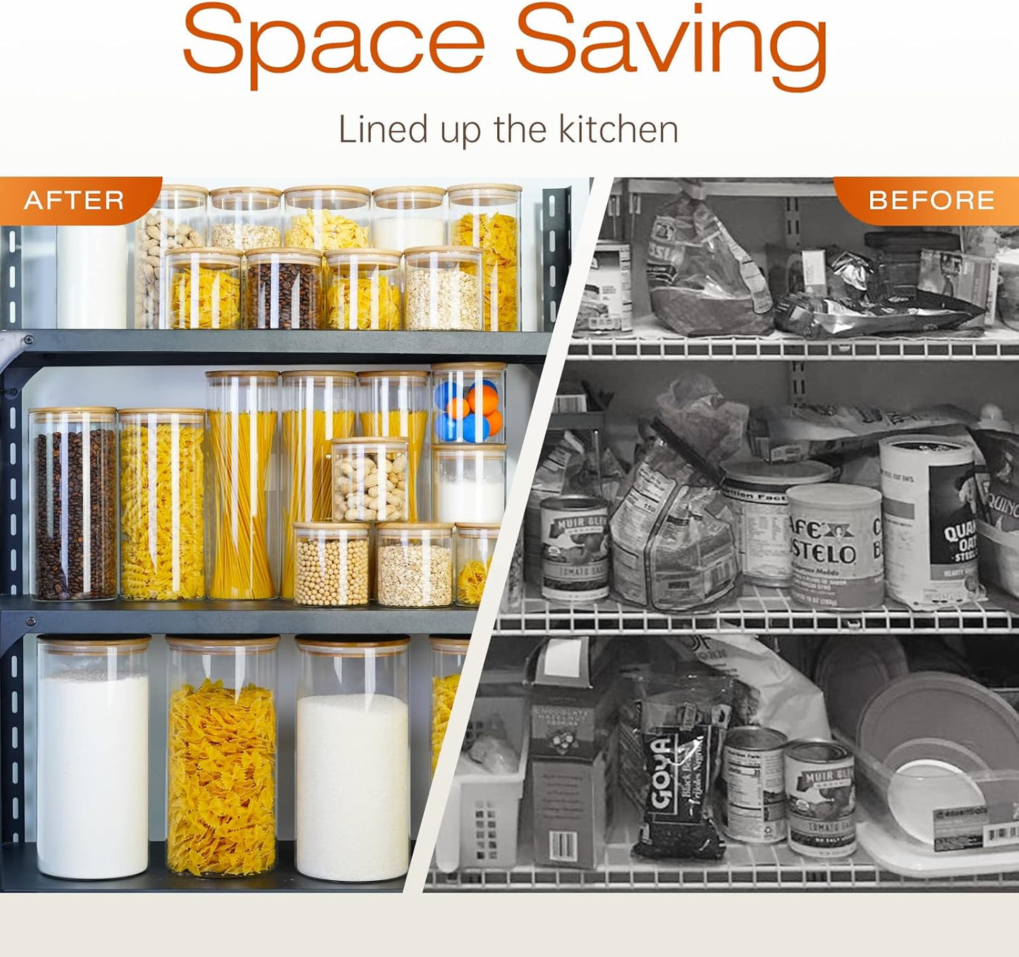 Glass Jars with Bamboo Lids 53 FL OZ [Set of 4], Glass Canisters with Airtight Lids, Glass Food Storage Containers for Pasta, Oats, Coffee, Flour, Sugar, Rice, Best for Kitchen & Pantry