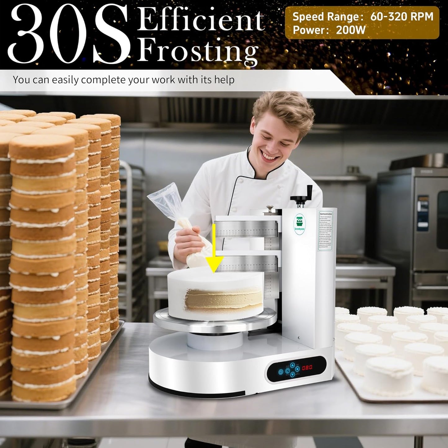 Cake Decorating Machine 4-12 Inch Cake Icing Frosting Smoother Decorating Low Noise 60-320 RPM 304 Stainless Steel Scraping for Stable Fast 110V Automatic for Butter Cream, 43LB