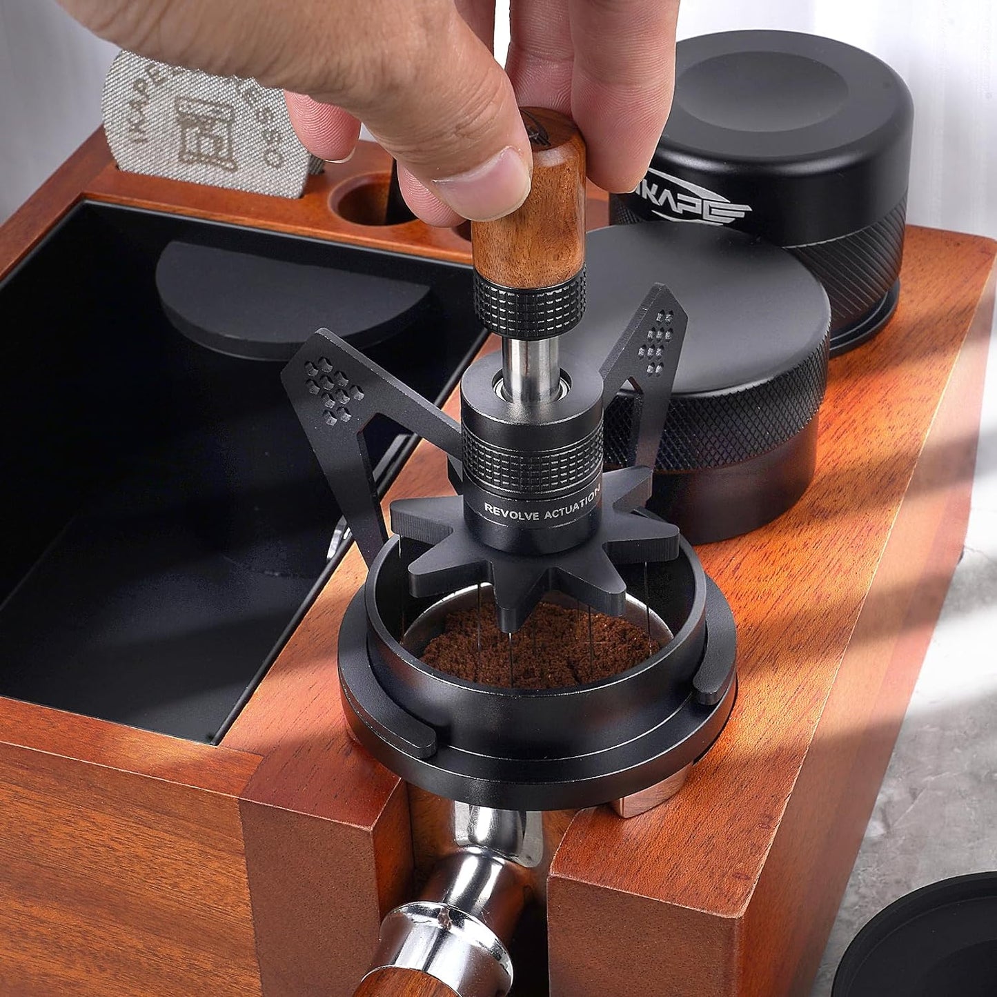 IKAPE Mantis WDT Distribution Tool, V3-54mm Espresso Stirrer Distribution Tool for Barista - 8 Needle Espresso Stirrer with Dosing Funnel & Stand, Adjustable Needle Height, Walnut Handle