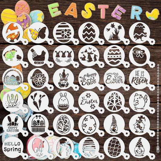 JULBEAR Easter Cookie Stencils, 36Pcs Reusable Eggs Bunny Cookie Coffee Stencils Templates Mold Tools for Cookies Baking Painting Dessert Coffee Decoration Easter Party Supplies