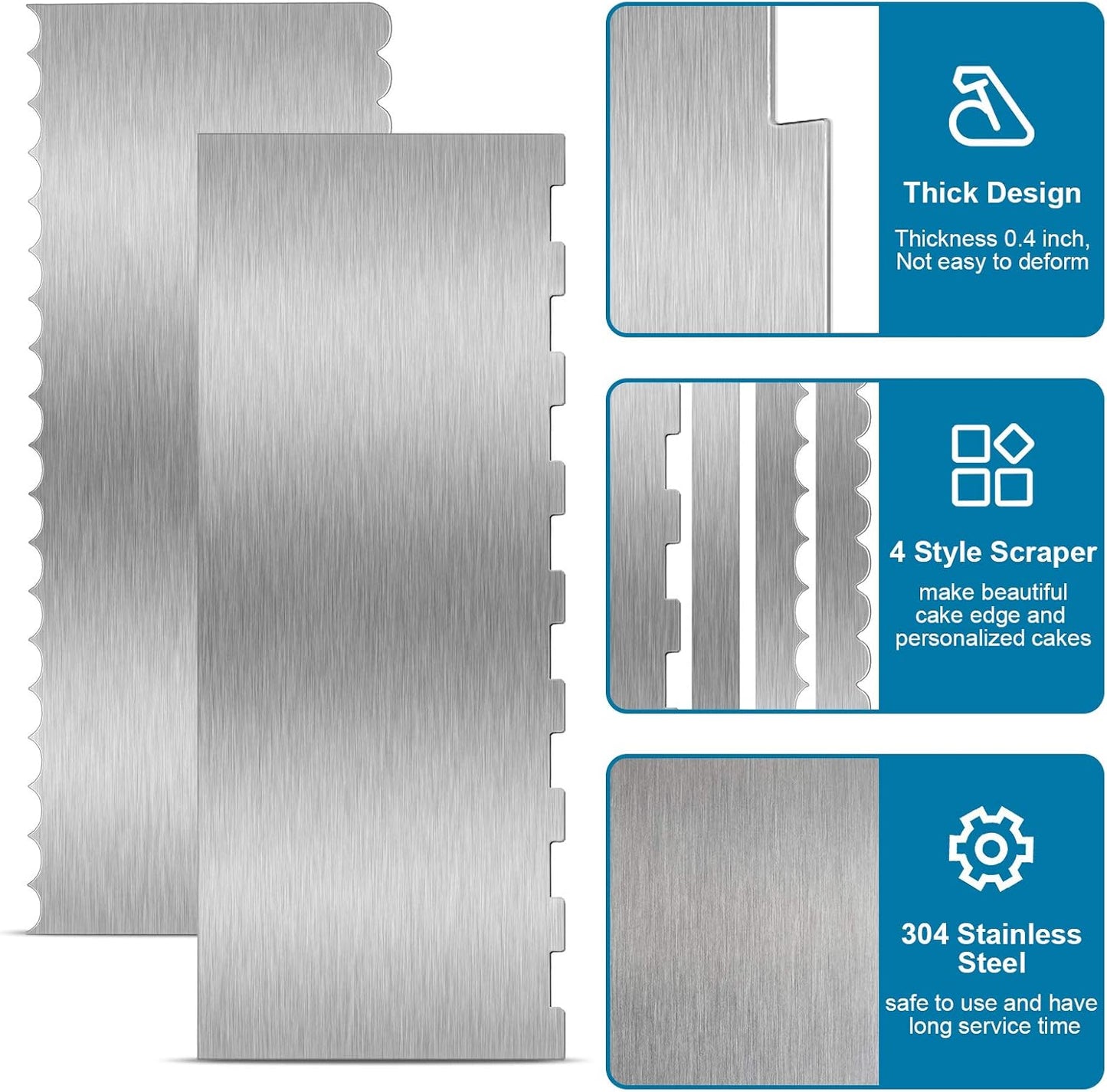 2 Pieces Stainless Steel Cake Scraper Large Double Sided Patterned Edge Stripe Edge Smoother Scraper Cake Decorating Comb Pastry Cutter for Mousse Butter Cream Decoration(9 x 3.4 Inches)