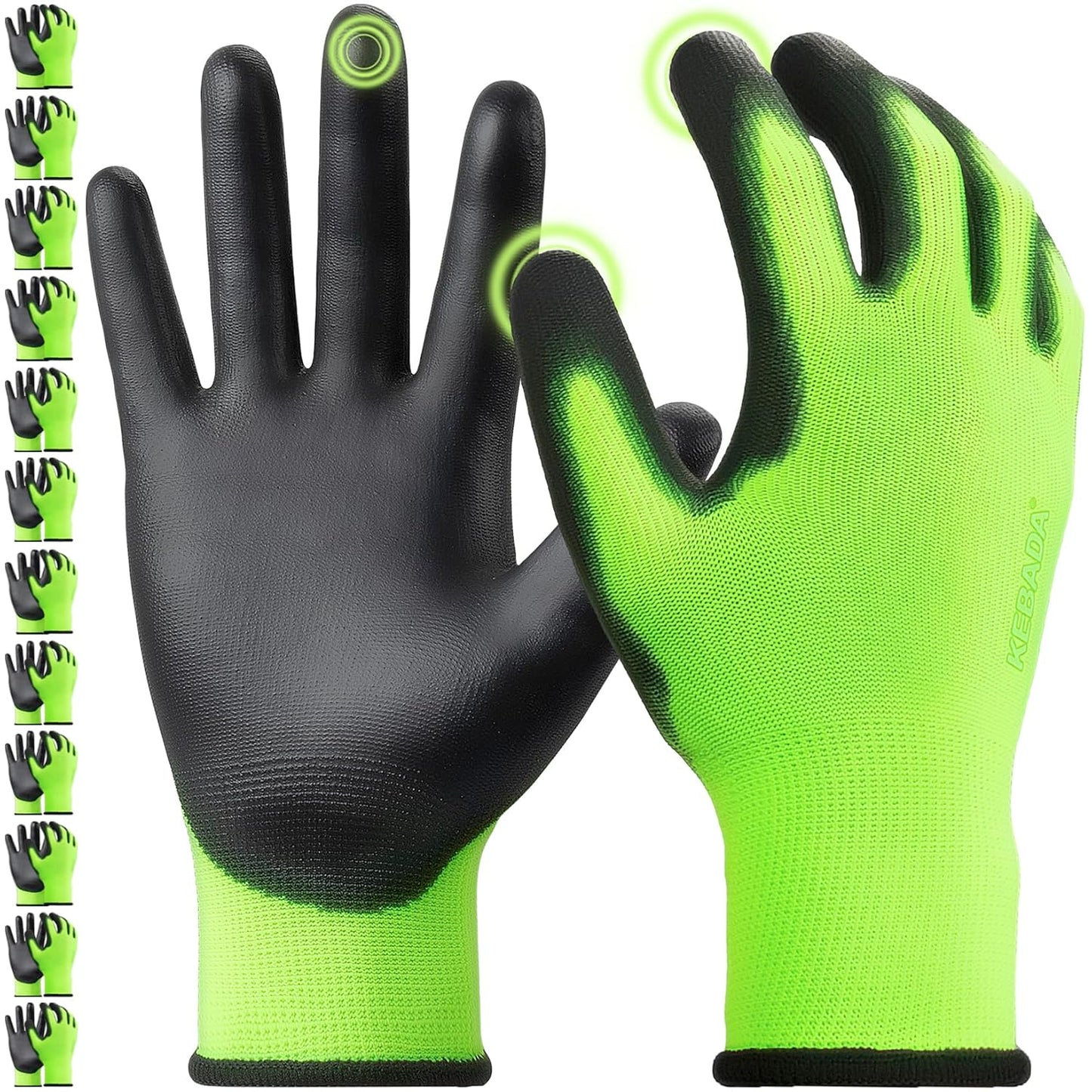 Kebada W1 Work Gloves for Men and Women, PU Coated Safety Gloves with Grip, Touchscreen, Ideal for Warehouse Package Handling, Construction, Gardening, Green Medium