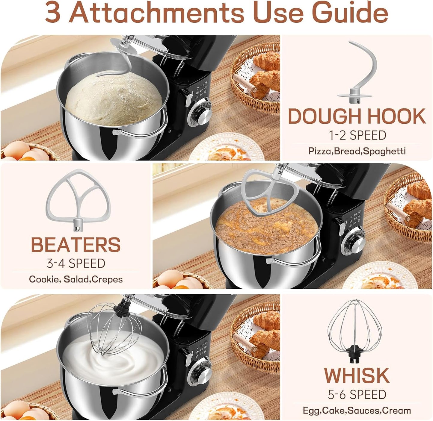 SEEDEEM 8.5 Qt Stand Mixer, 660W 6+P Speeds Electric Stand Mixer, Tilt-Head Kitchen Mixer with Dishwasher-Safe Dough Hook, Wire Whip & Beater for dough mixer Baking Daily Use, Black