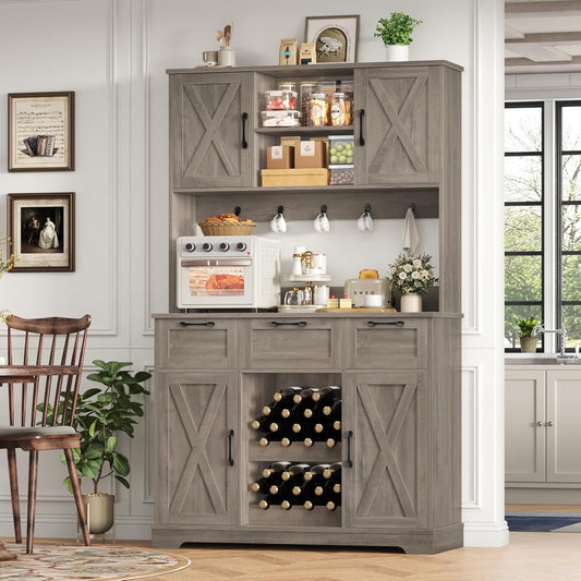 HIFIT 72" Kitchen Pantry Hutch Cabinet with Storage, Farmhouse Wood Coffee Bar with Wine Rack and Microwave Stand, Tall Storage Cabinet with Barn Doors and Shelves for Dining Living Room, Ash Grey