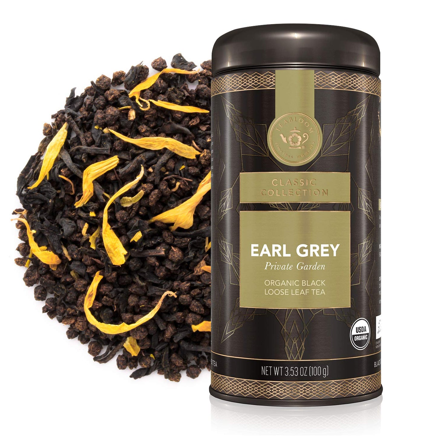 Teabloom Organic Black Tea, Earl Grey Private Garden Loose Leaf Tea, Classic Assam Whole Leaf Blend, USDA Certified Organic, Kosher Certified, 3.53 Ounce Loose Leaf Tea Canister Makes 35-50 Cups