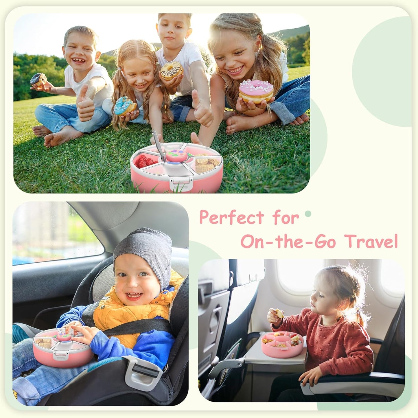 Kids Reusable Rotating Snack Container with 5 Separate Compartments, Color Matching Opening Lid, BPA/PVC-Free, Dishwasher Safe, Perfect for Travel, School Lunches & On-the-Go Snacking-Pink