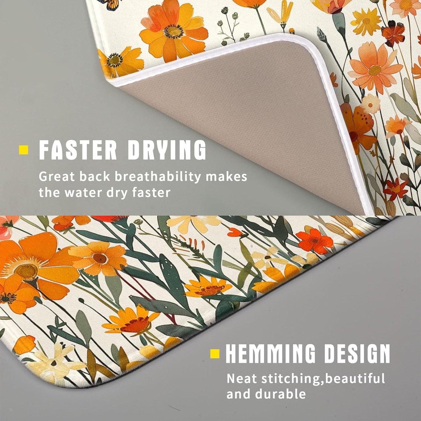 Fall Orange Wildflower Dish Drying Mat for Kitchen Counter,Autumn Floral Butterflies Drying Mat 16 x 18 Inch with Absorbent Reversible Microfiber Dish Drying Pad Dish Pad for Coffee Bar