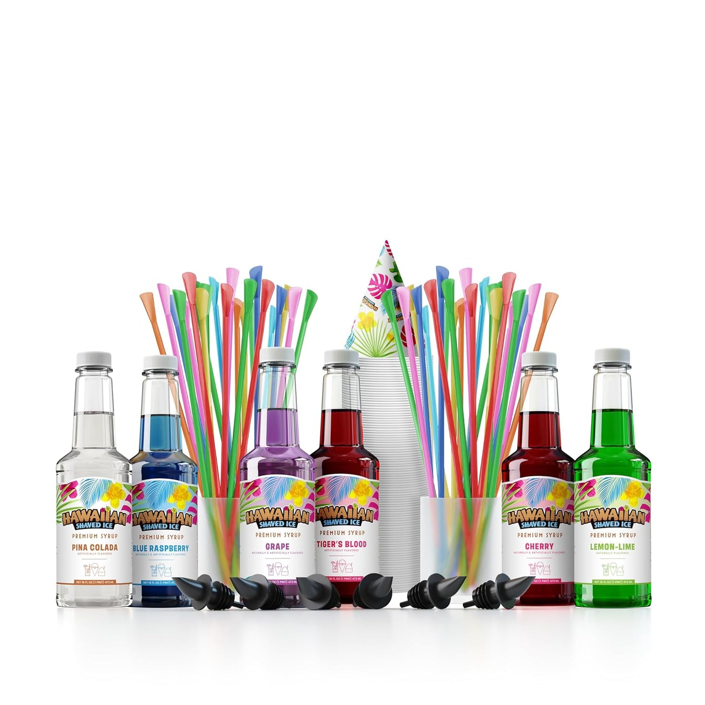 Hawaiian Shaved Ice Syrup Assortment with 6 - 16oz Bottles, 50 Snow Cone Cups, Spoon Straws, and Pouring Spouts. Flavors: Tiger’s Blood, Pina Colada, Blue Raspberry, Grape, Cherry, Lemon-Lime