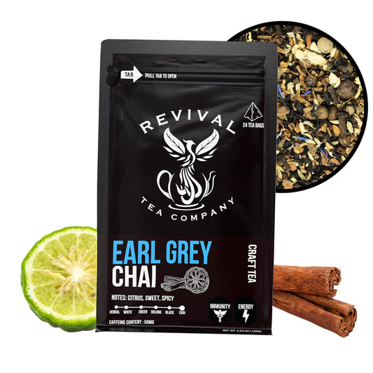 Revival Tea Company Earl Grey Chai Tea - Black Tea Blend with Fresh Spiced Chai and Bergamot Flavor - 24 Tea Bags