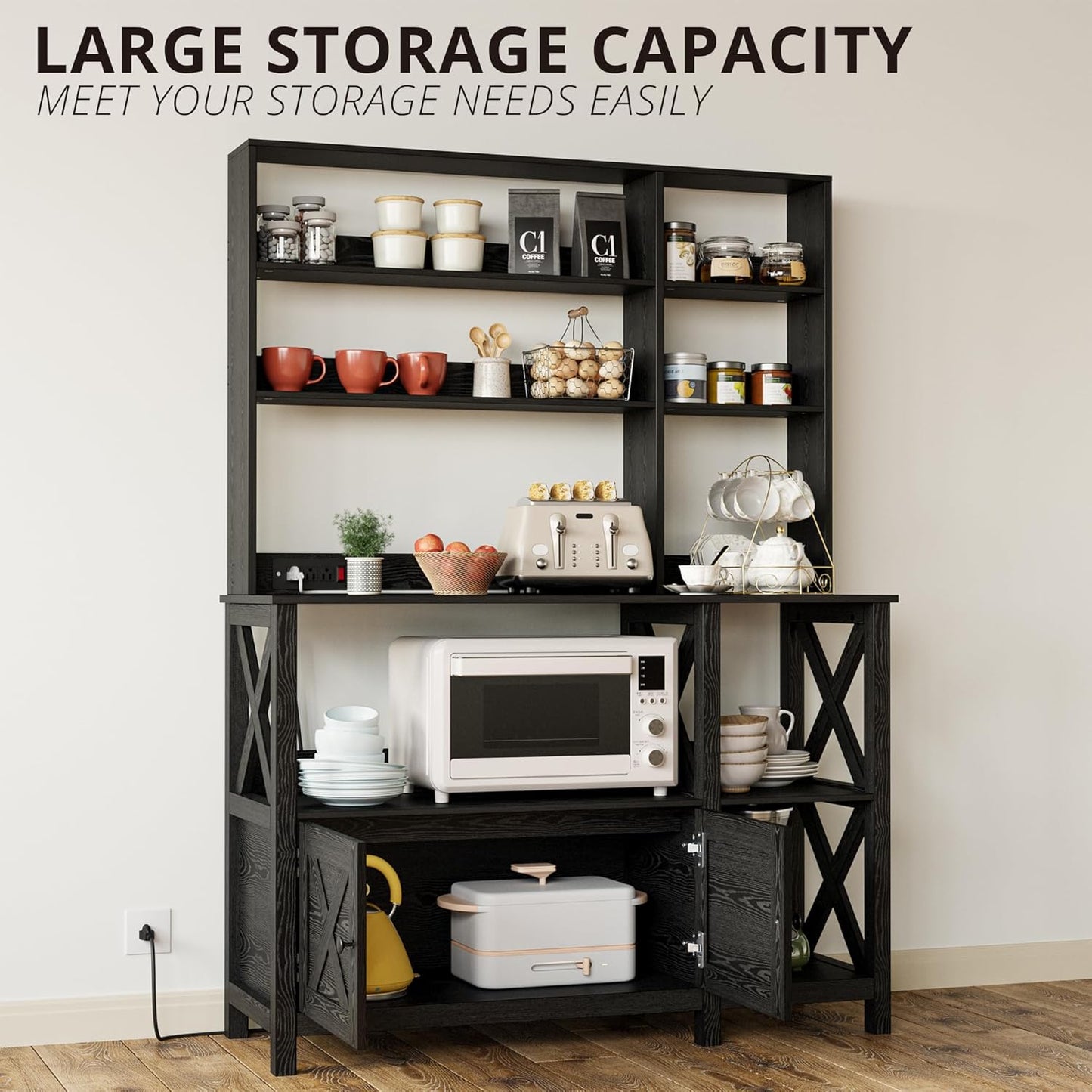 IRONCK Bakers Rack with Power Outlet, 45in Wide Coffee Bar Cabinet with Storage, 6-Tier Kitchen Storage with Doors, Microwave Stand for Kitchen, Dining Room