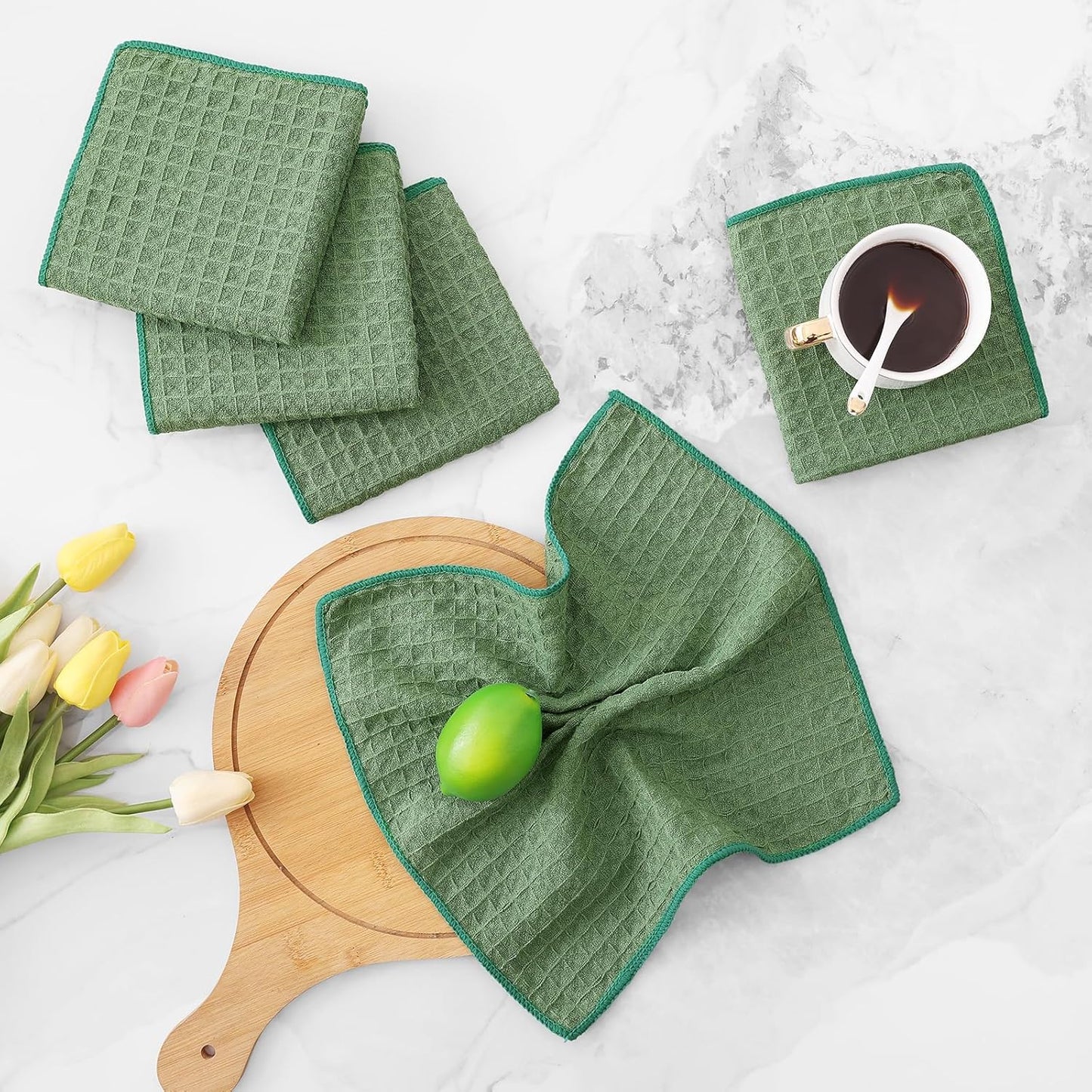 Homaxy Microfiber Waffle Weave Kitchen Dish Cloths, 12 x 12 Inch Ultra Absorbent and Solid Color Dish Towels for Kitchen Fast Drying Dishcloth for Washing Dishes, 6 Pack, Grass Green