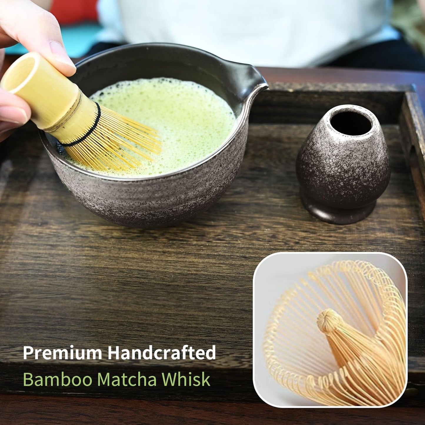 Matcha Whisk Set,Matcha Set Includes Ceramic Bowl with Spout,Stainless Sifter,Scoop,Whisk and Holder,Complete 5 Pcs Japanese Matcha Kit Making Tools,White