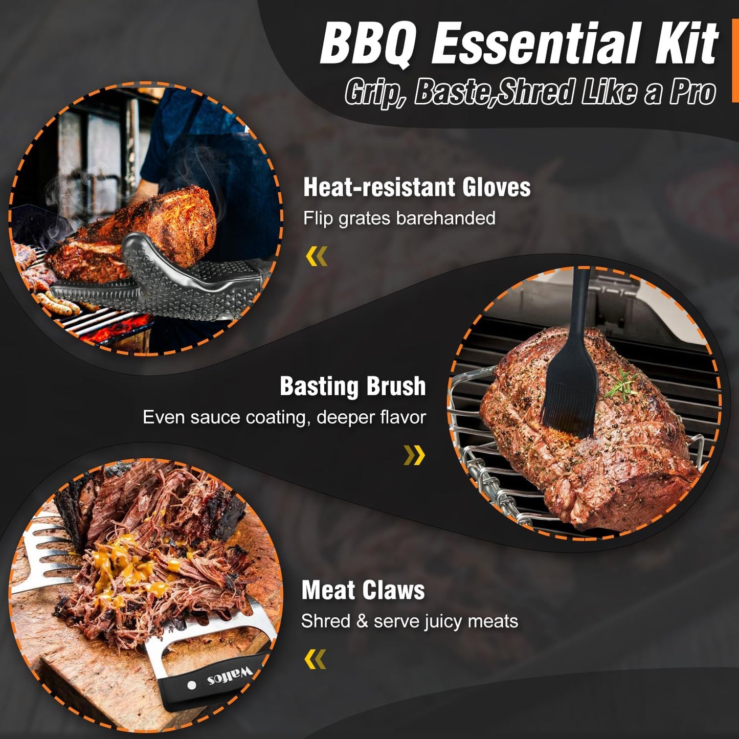 Walfos BBQ Gloves - 500°F Heat Resistant Grilling Gloves Set with Meat shredding Claws & Silicone Brush, Non-Slip Kitchen Silicone Oven Mitt, for Barbecue, Cooking, Baking, Cutting, Black