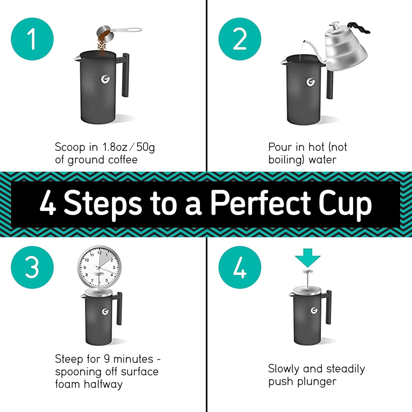 Coffee Gator French Press Coffee Maker 34oz, Double Insulated Stainless Steel Brewer plus Travel Jar Canister, Portable Hot Cold Brew for Coffee Bar Accessories Kitchen Camping, Silver